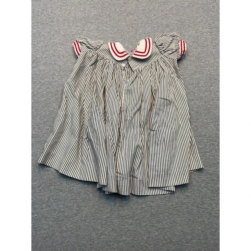 Vintage 1980s Girls Sailor Dress Smocked Nautical Striped Handmade Approx 4T